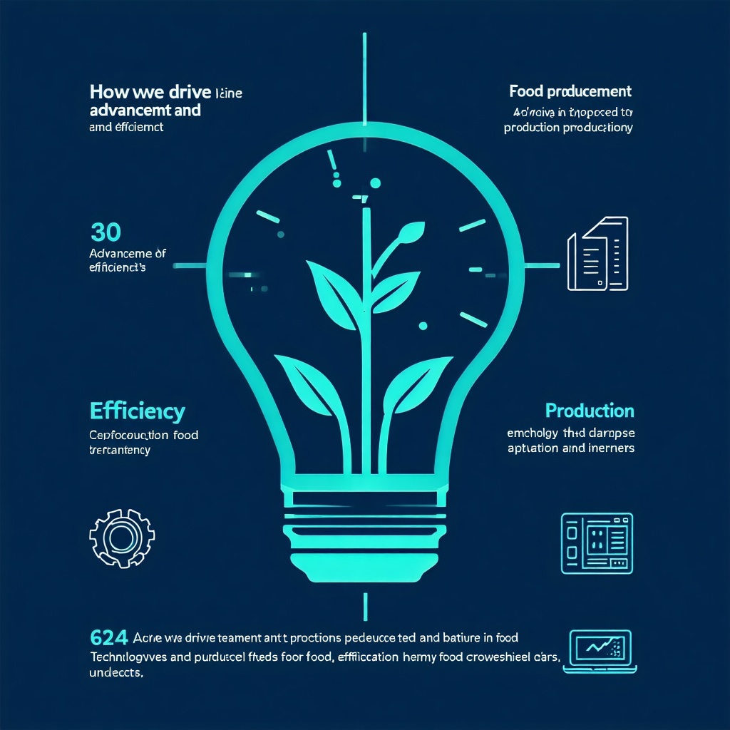 Technology and innovation infographic icon in navy and teal showing how we drive advancement and efficiency in food production-1