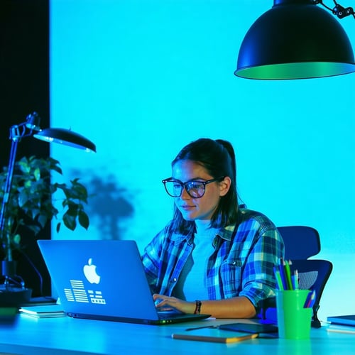 generate an image of someone learning online It should be in our colors which are blue and green The image should look more infographic and less futuristic