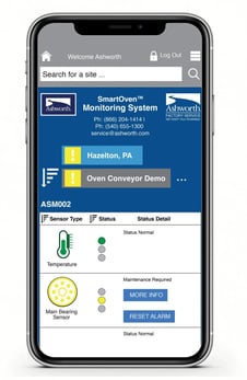 Mobile app showing Ashworth SmartOven Monitoring System, sensor data, and status alerts.
