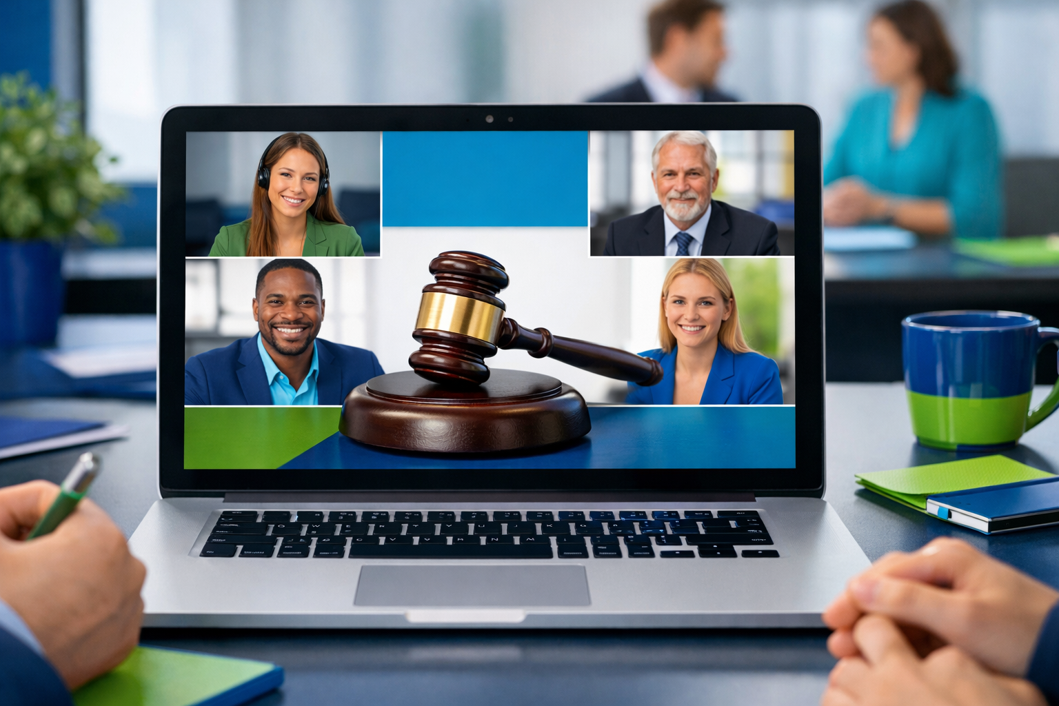 Generate an image showing a virtual business meeting  It should include a laptop with a gavel on it and it shoudl be in FPSA colors  the image size sh